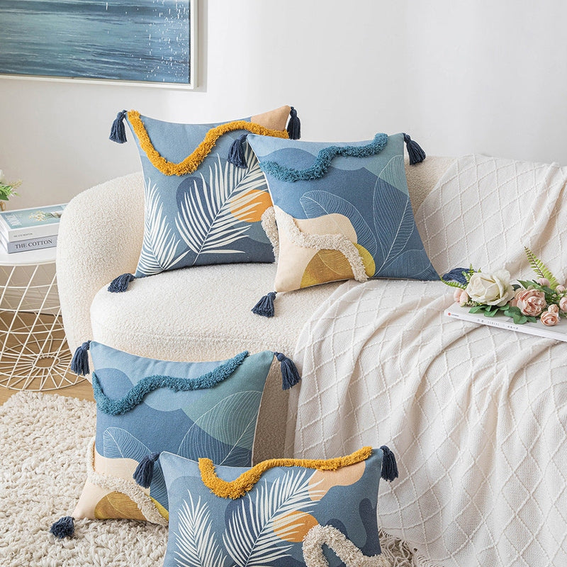 Color Tufted Pillow Cover – Elegant Blue and Yellow Striped Design | Novalise