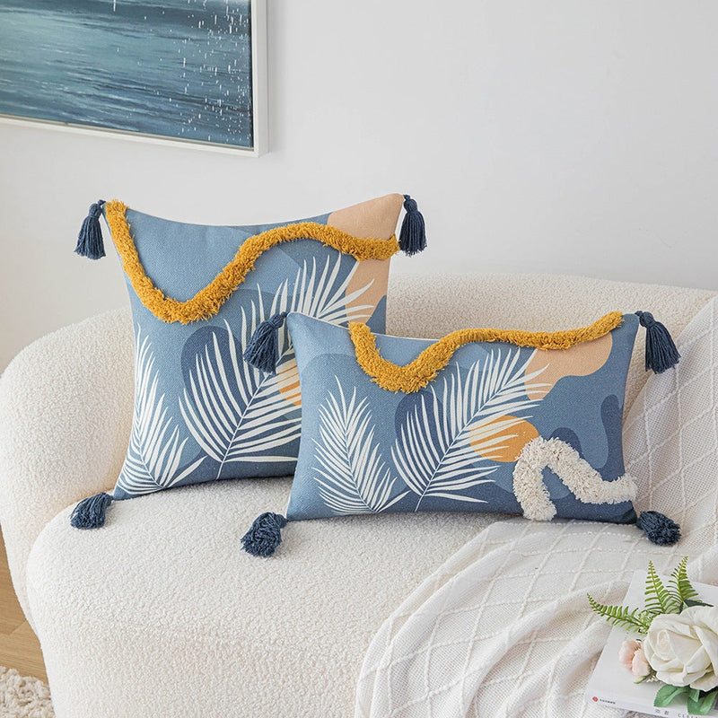 Color Tufted Pillow Cover – Elegant Blue and Yellow Striped Design | Novalise