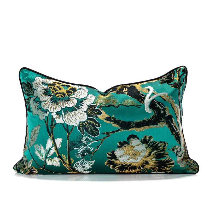 Elegant Green Satin Throw Pillow with Floral and Bird Design | Elena