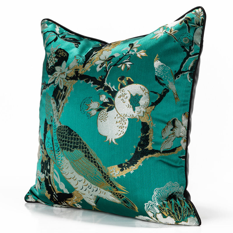 Elegant Green Satin Throw Pillow with Floral and Bird Design | Elena