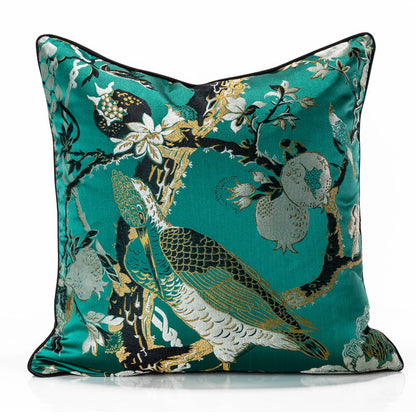 Elegant Green Satin Throw Pillow with Floral and Bird Design | Elena