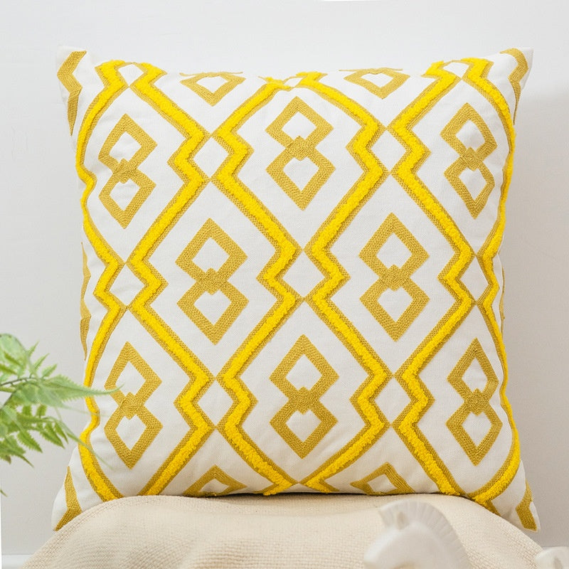 Embroidered Cotton Bedside Pillow | 45x45 cm Cushion with Geometric Pattern Dalia