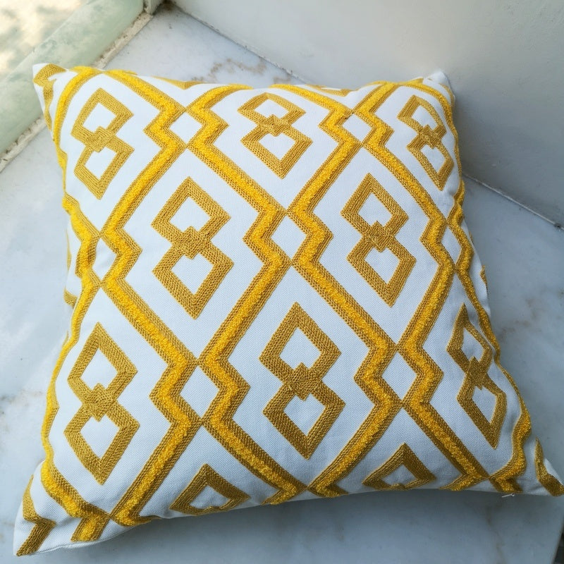 Embroidered Cotton Bedside Pillow | 45x45 cm Cushion with Geometric Pattern Dalia