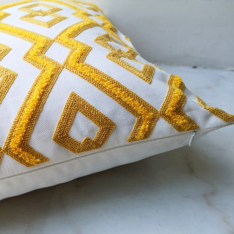 Embroidered Cotton Bedside Pillow | 45x45 cm Cushion with Geometric Pattern Dalia