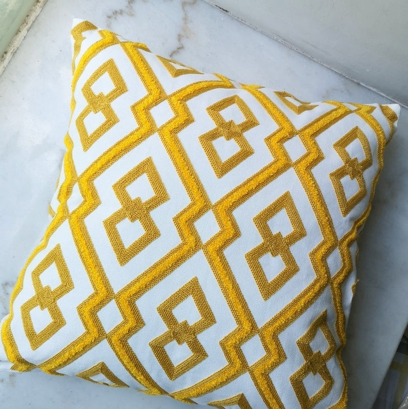 Embroidered Cotton Bedside Pillow | 45x45 cm Cushion with Geometric Pattern Dalia