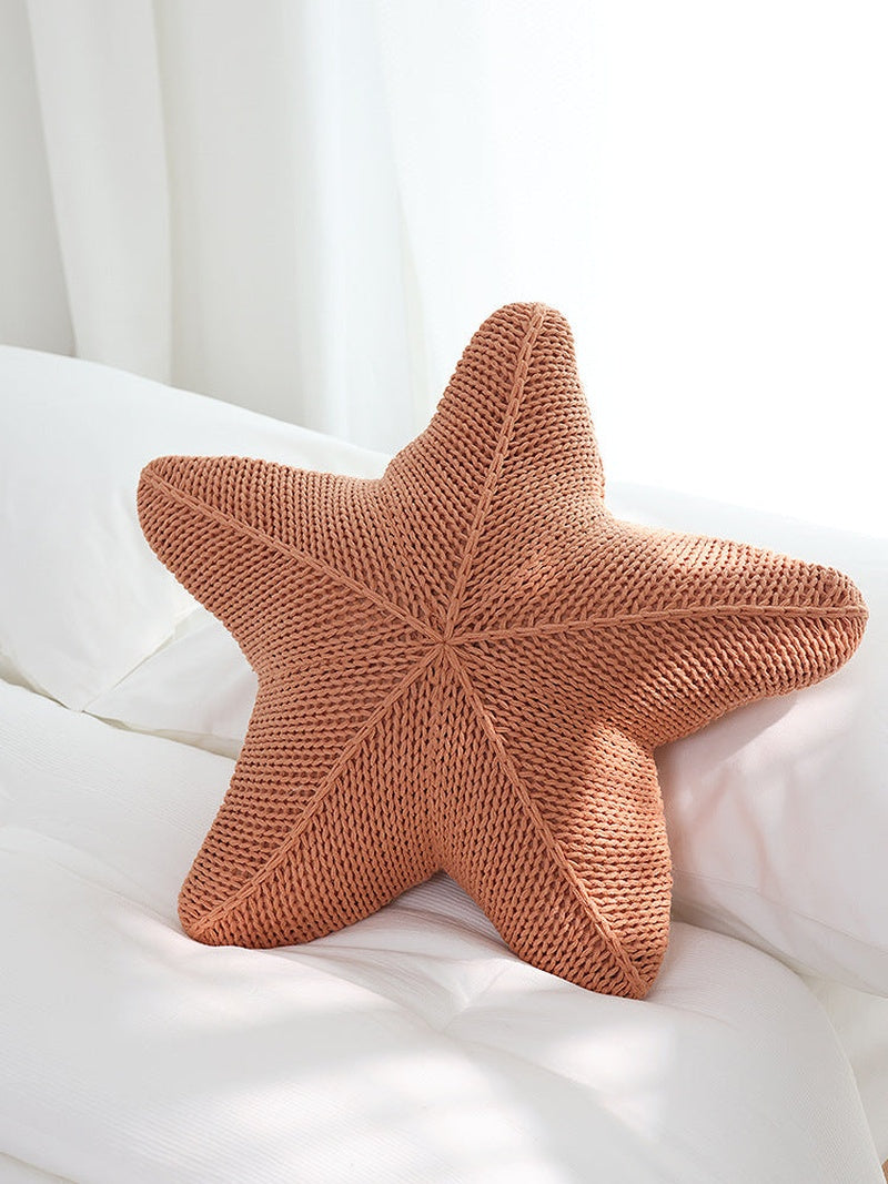 Hand-Knitted Starfish Pillow in Coral Orange, White & Khaki | Staris Coastal Decor