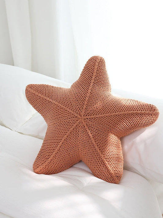 Hand-Knitted Starfish Pillow in Coral Orange, White & Khaki | Staris Coastal Decor