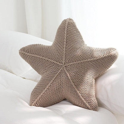 Hand-Knitted Starfish Pillow in Coral Orange, White & Khaki | Staris Coastal Decor