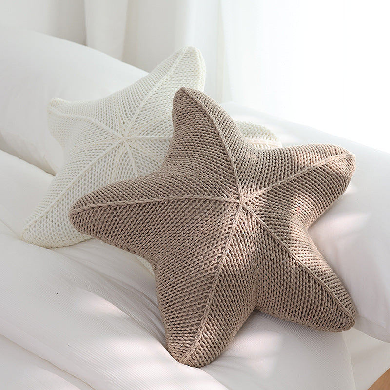 Hand-Knitted Starfish Pillow in Coral Orange, White & Khaki | Staris Coastal Decor