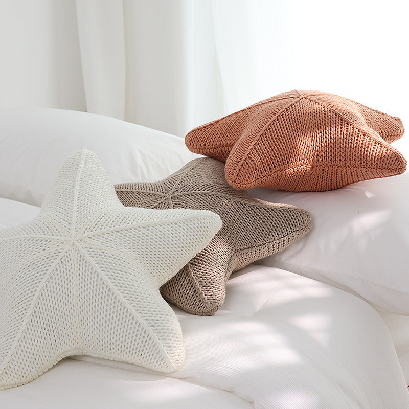 Hand-Knitted Starfish Pillow in Coral Orange, White & Khaki | Staris Coastal Decor