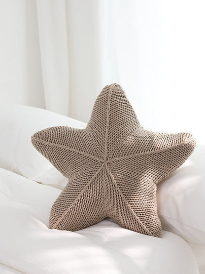 Hand-Knitted Starfish Pillow in Coral Orange, White & Khaki | Staris Coastal Decor