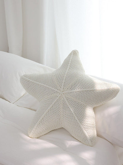 Hand-Knitted Starfish Pillow in Coral Orange, White & Khaki | Staris Coastal Decor