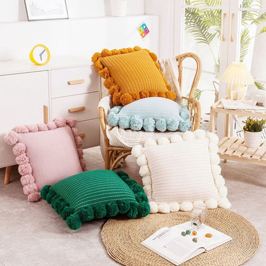 Knitted Decorative Throw Pillow with Pom-Poms – Stylish Backrest Cushion for Home | Pilxis