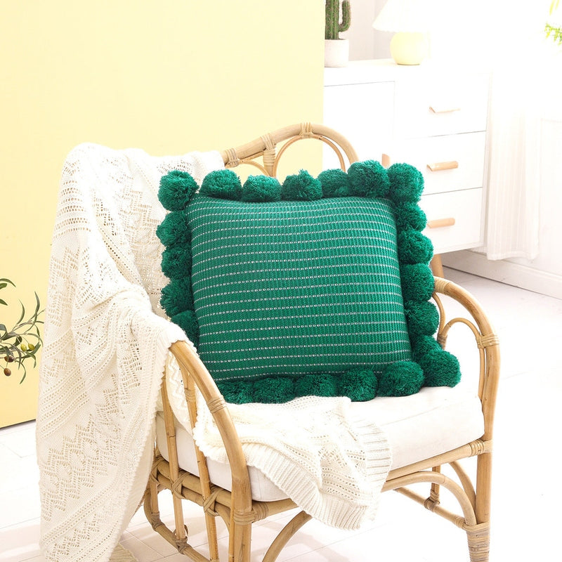 Knitted Decorative Throw Pillow with Pom-Poms – Stylish Backrest Cushion for Home | Pilxis