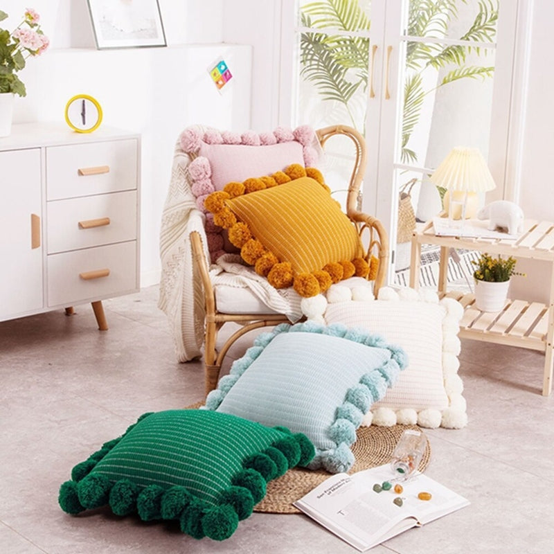 Knitted Decorative Throw Pillow with Pom-Poms – Stylish Backrest Cushion for Home | Pilxis