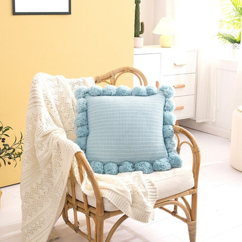 Knitted Decorative Throw Pillow with Pom-Poms – Stylish Backrest Cushion for Home | Pilxis