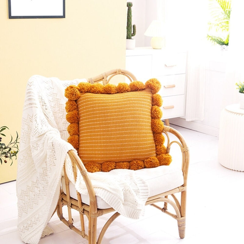 Knitted Decorative Throw Pillow with Pom-Poms – Stylish Backrest Cushion for Home | Pilxis